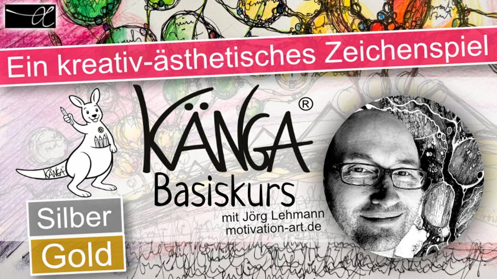 Kurs-Banner mit Känga-Logo, buntem Zeichnungsmuster, Jörg Lehmann und Gold- und Silber-Abzeichen
