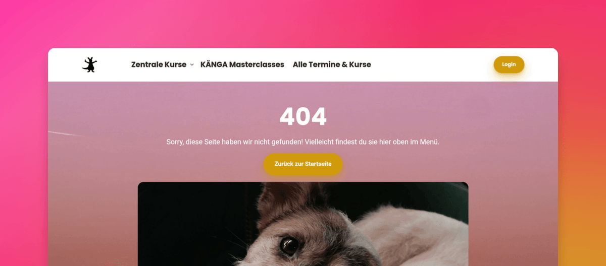 404-Fehlerseite mit Känguru-Maskottchen und goldenem Button zur Startseite