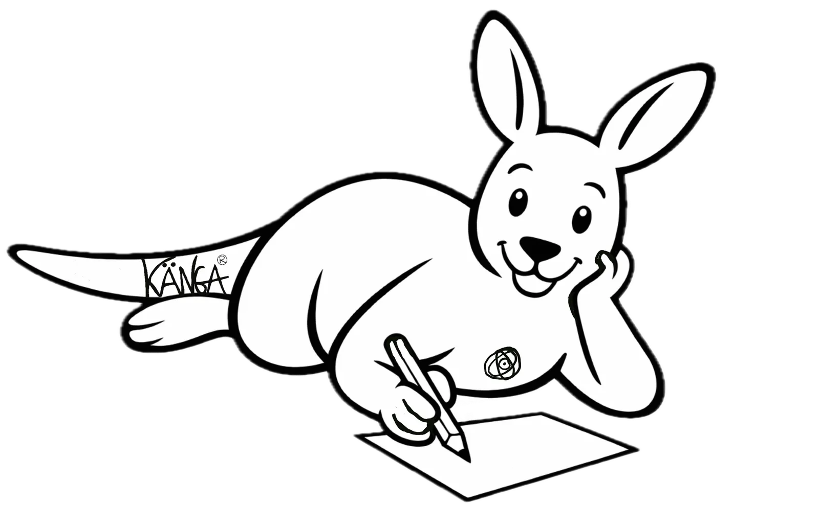 Cartoon-Känguru mit KÄNGA-Logo schreibt mit Stift auf Papier, schwarze Linienzeichnung