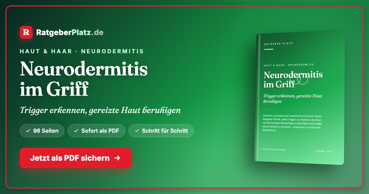 Hero-Banner für Neurodermitis Hautpflege Ratgeber mit grünem Hintergrund, Buchtitel und Download-Button