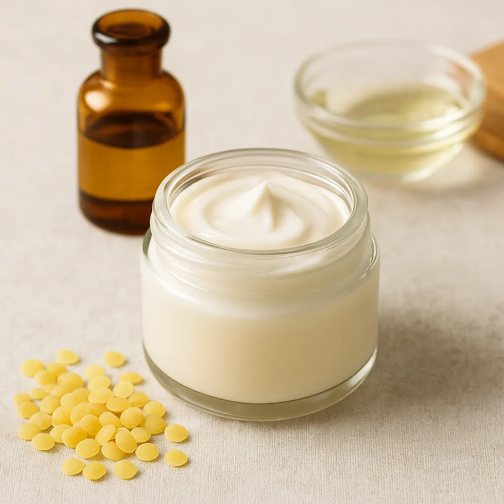Glaskrematiegel mit selbstgemachter Bienenwachscreme, daneben Ölflasche und gelbe Bienenwachspellets