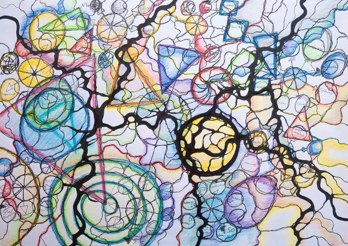 NeuroGraphik® Zeichnung mit bunten verschlungenen Linien, Kreisen und organischen Formen in Blau, Gelb, Rosa und Grün