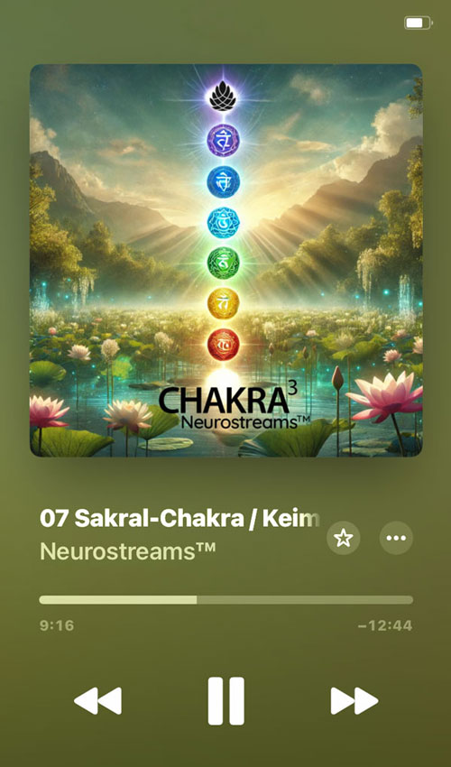 Neurostreams Chakra Player Interface mit Sakralchakra-Track, Wiedergabesteuerung und Fortschrittsbalken
