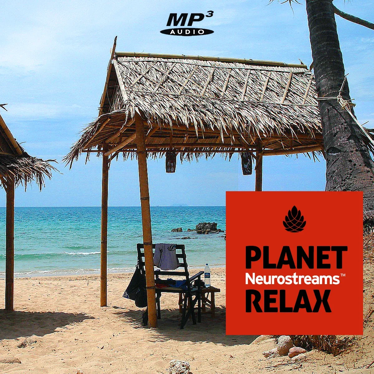 Planet Relax Cover mit Strandpavillon und rotem Textfeld, Meereskulisse