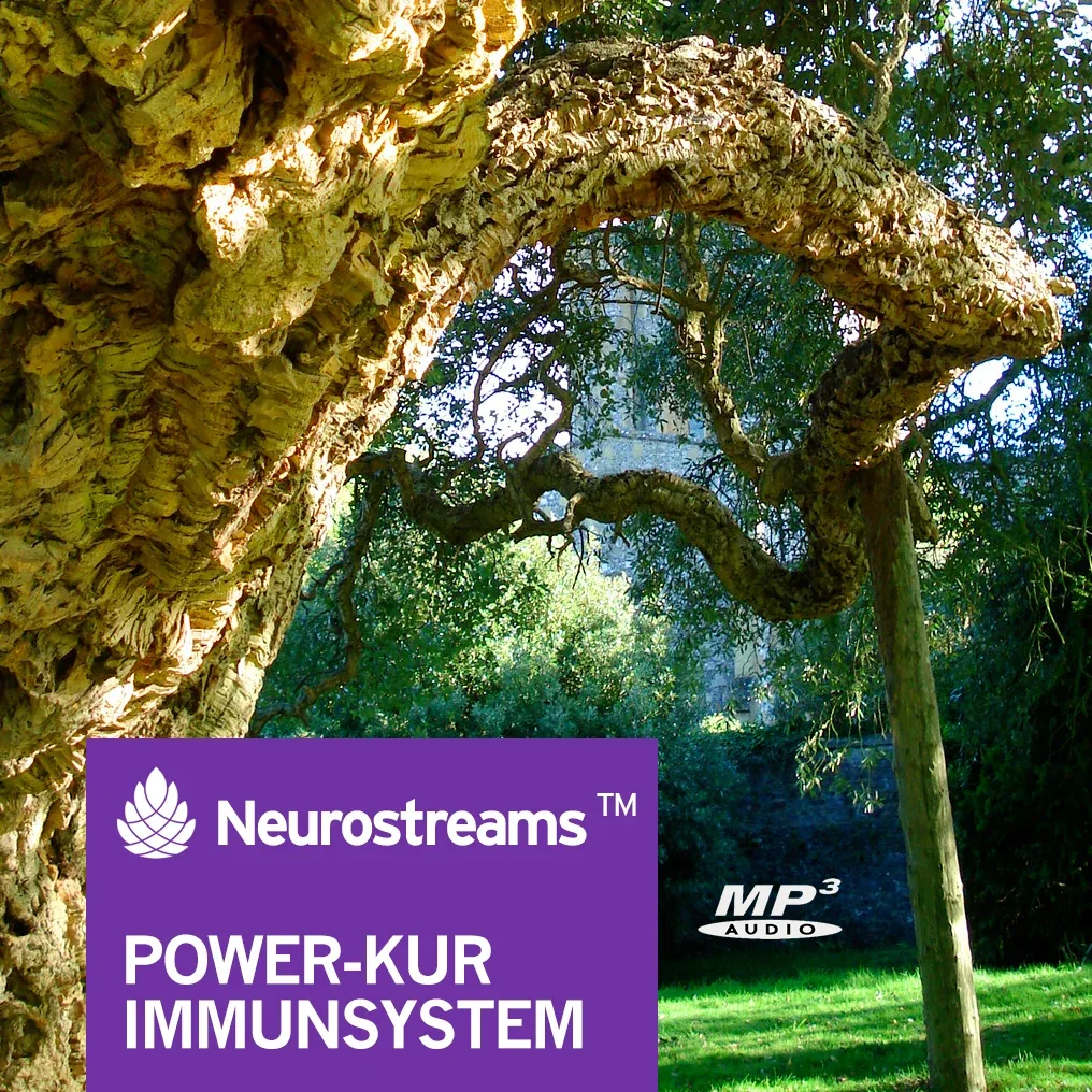 Power-Kur Immunsystem Cover mit moosigem Baum-Tunnel und purpurlem Schriftzug
