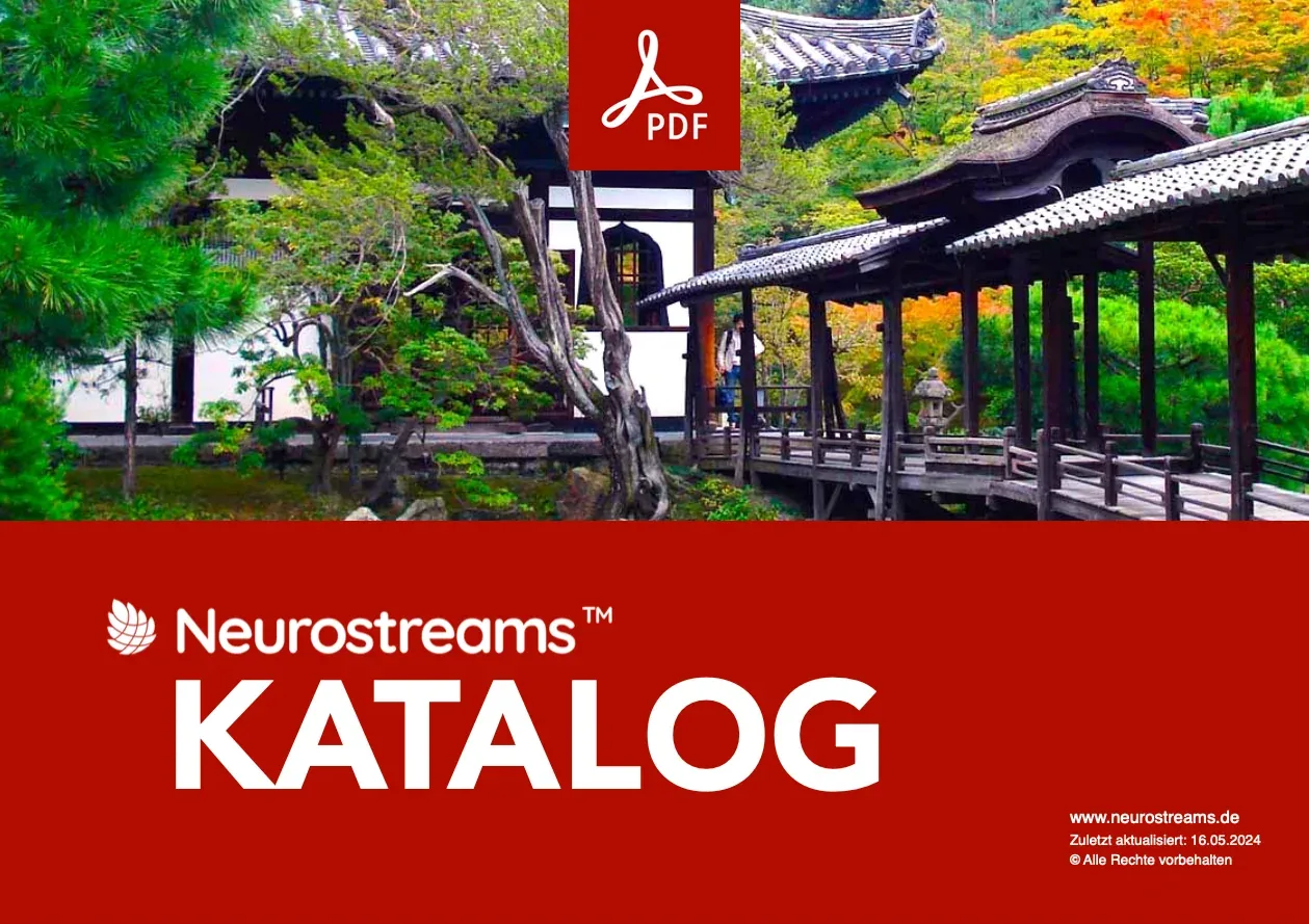 Neurostreams Katalog Cover mit asiatischem Garten, Pagoden und PDF-Symbol auf rotem Hintergrund