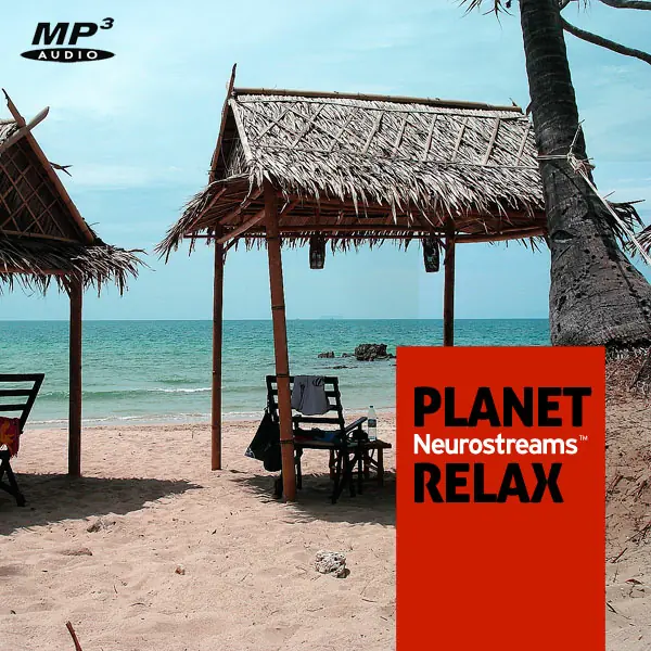 Neurostreams Planet Relax Cover mit Strandpavillons, Meer und MP3 Audio Logo