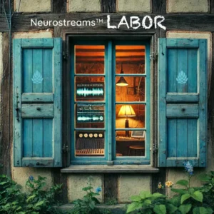 Neurostreams LABOR Hörbuch-Cover mit Musikstudio durch Fenster mit türkisen Fensterläden