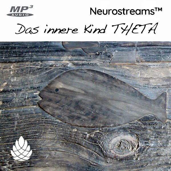 Das innere Kind THETA Hörbuch-Cover mit Holzfisch-Skulptur und MP3 Audio Logo