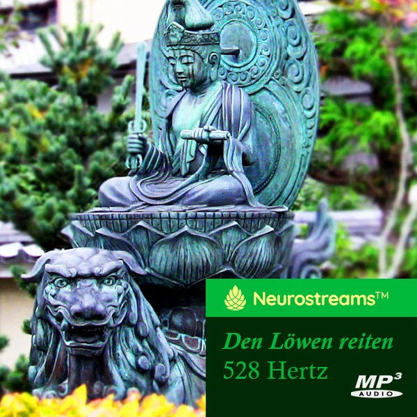 Den Löwen reiten 528 Hertz Cover mit Buddha-Statue und grünem Schriftzug