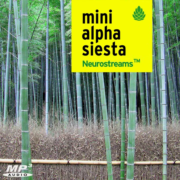 Mini Alpha Siesta Cover mit Bambuswald und gelbem Textfeld, Neurostreams Logo