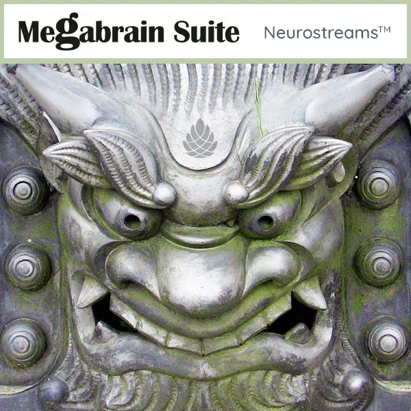 Neurostreams™ Megabrain Suite Cover mit stilisiertem Dämonenkopf in Grau und Grün