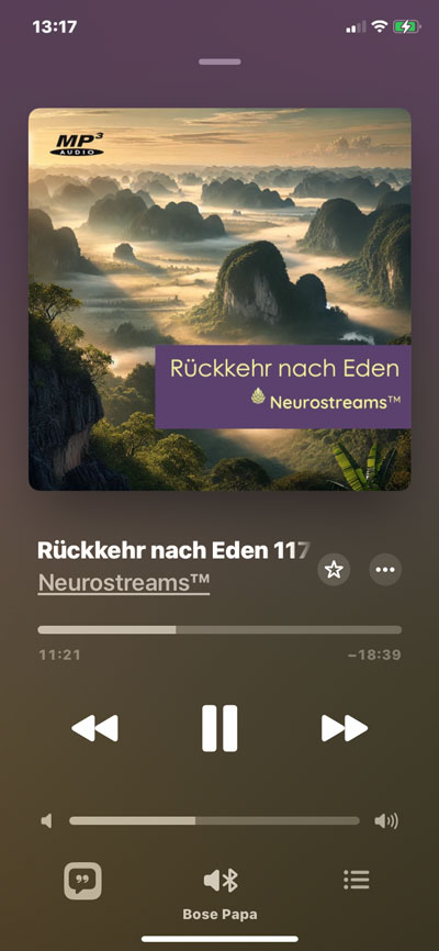 Smartphone-Screenshot der Neurostreams App mit Rückkehr nach Eden, Spieler-Interface