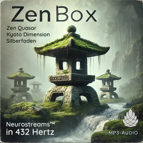 ZenBox Produktcover mit moosbedecktem Pagoden-Pavillon, Wasserfall und Zen-Garten in 432 Hertz