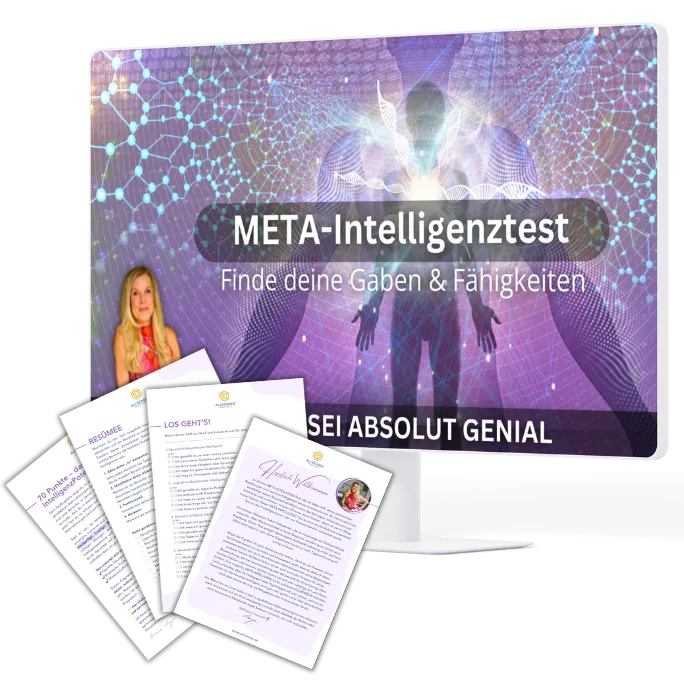 Gallery-Produktabbildung META-Intelligenztest mit Frau, digital-abstraktem Hintergrund, Testdokumenten und Zertifikat