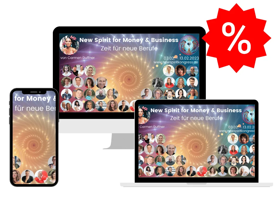 New Spirit for Money & Business Kongress-Promo mit Rabatt-Starburst auf Tablet und Laptop