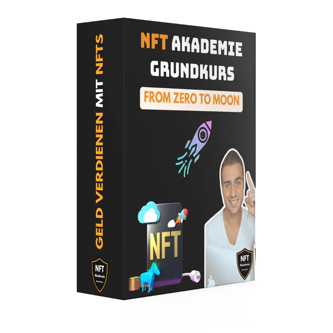 NFT Akademie Grundkurs Produktbox mit Rocket-Symbol, Cloud-Icon und Portraitfoto des Kursleiters