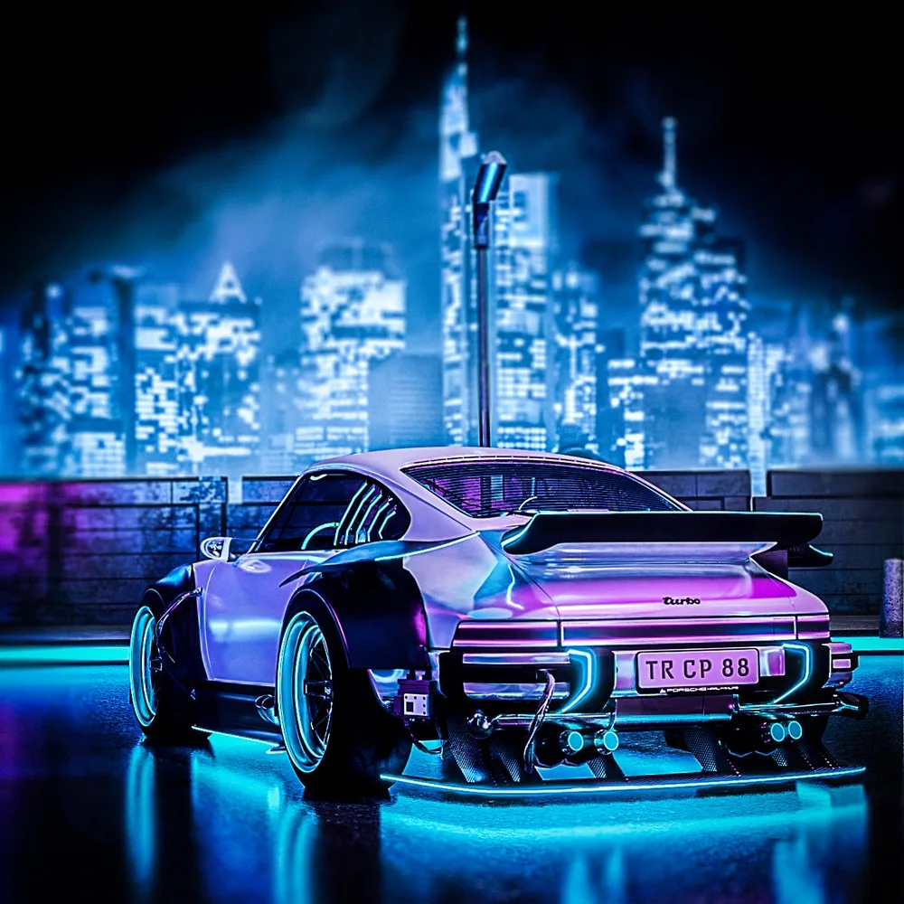 Neon-Sportwagen mit Blaulicht vor futuristischer Skyline, NFT Masterclass ORBIS Academy