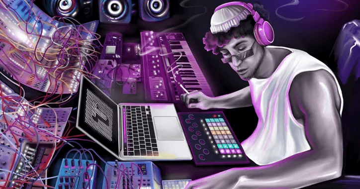 Musikproduzent mit Headphones am digitalen Musikequipment, purpurfarbene Neon-Lichter