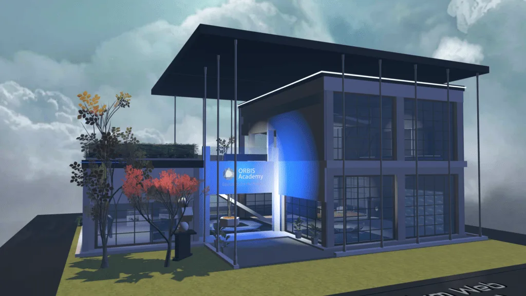 ORBIS Academy virtuelle Präsenz im Metaverse, modernes Gebäude mit Architektur-Rendering