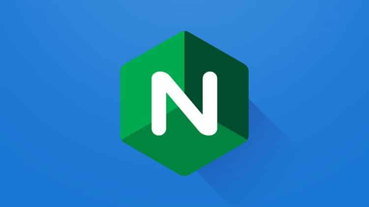 NGINX Logo auf blauem Hintergrund, grüner hexagonaler 3D-Würfel mit weißem N