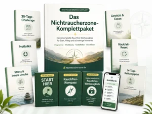 Nichtraucherzone-Komplettpaket mit 30-Tage-Challenge, Notfallkit, Stress & innere Unruhe, Gewicht & Essen, Rückfall-Reset, 14
