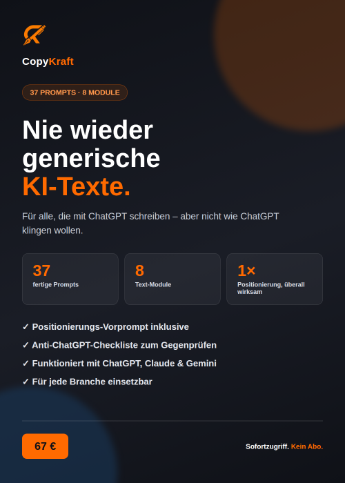 CopyKraft Hero-Banner für KI-Prompt-Kurs mit Produktdetails und Preisangabe