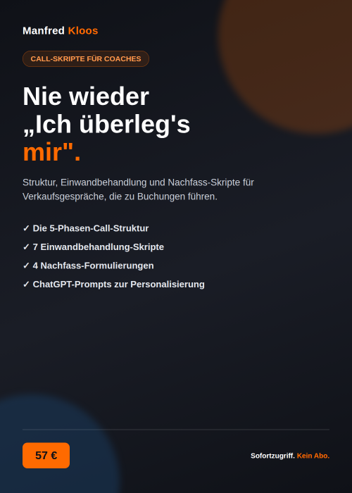 Hero-Banner für Call-Skripte-Kurs von Manfred Kloos mit Headline und Produktmerkmalen