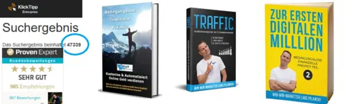 ClickTipp Suchergebnis mit vier Produktboxen und sehr gut Bewertung