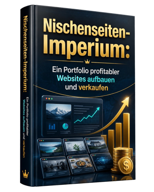 3D-Buchcover Nischenseiten-Imperium in Schwarz und Gold mit Portfolio-Websites und Finanzcharts ohne Hintergrund