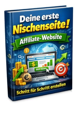 Blaues Buchcover Deine erste Nischenseite mit Laptop, Affiliate-Website-Elementen und Geldstapeln auf technologischem Hinterg