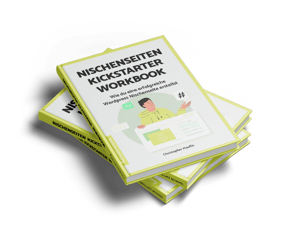 Nischenseiten Kickstarter Workbook als gestapelte Bücher mit gelbem Einband, 3D perspektivische Ansicht