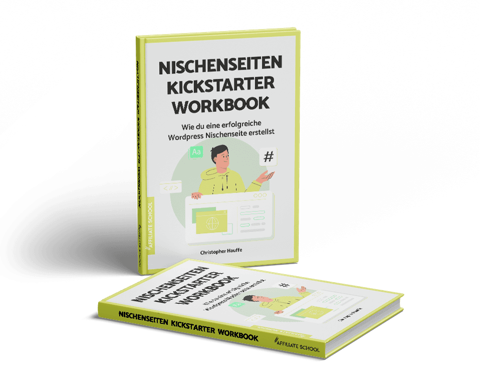 Nischenseiten Kickstarter Workbook Cover und offenes Buch, 3D Darstellung mit gelbem Einband