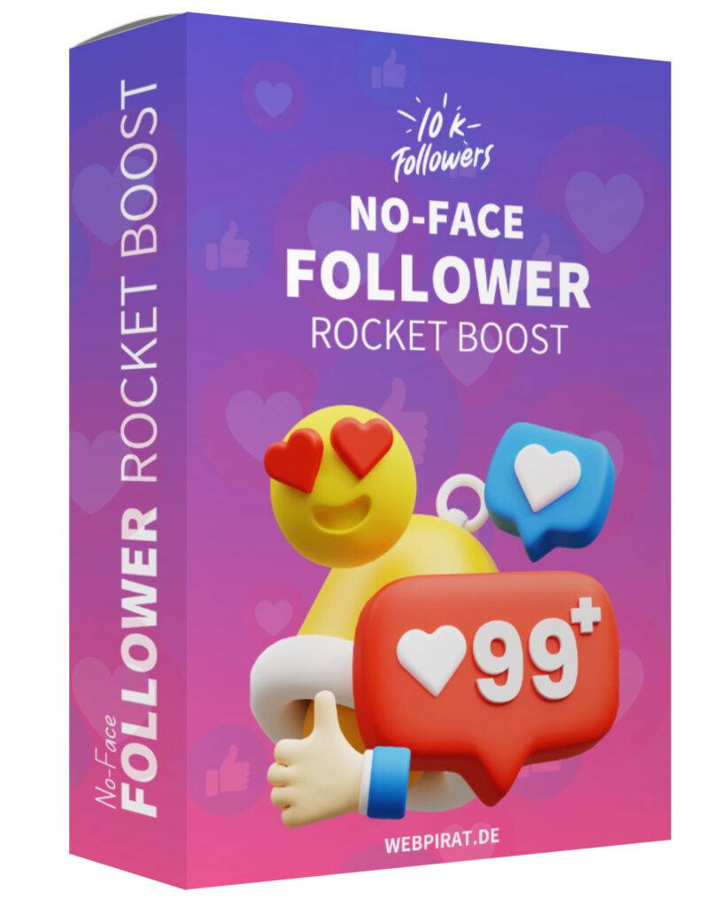 Produktbox No-Face Follower Rocket Boost mit 10k Followers, gelbem Emoji-Gesicht, roten Herzen und roter Benachrichtigungskac