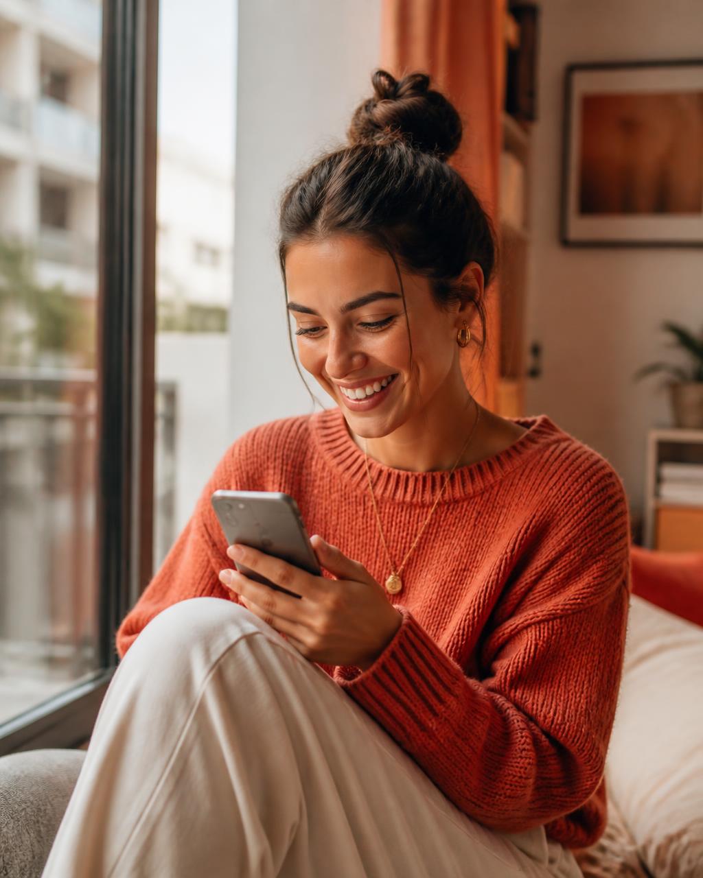 Noluvira – Dein AI Dating Coach 3 Junge Frau in terracotta Pullover sitzt am Fenster und liest begeistert Nachricht auf Smartphone