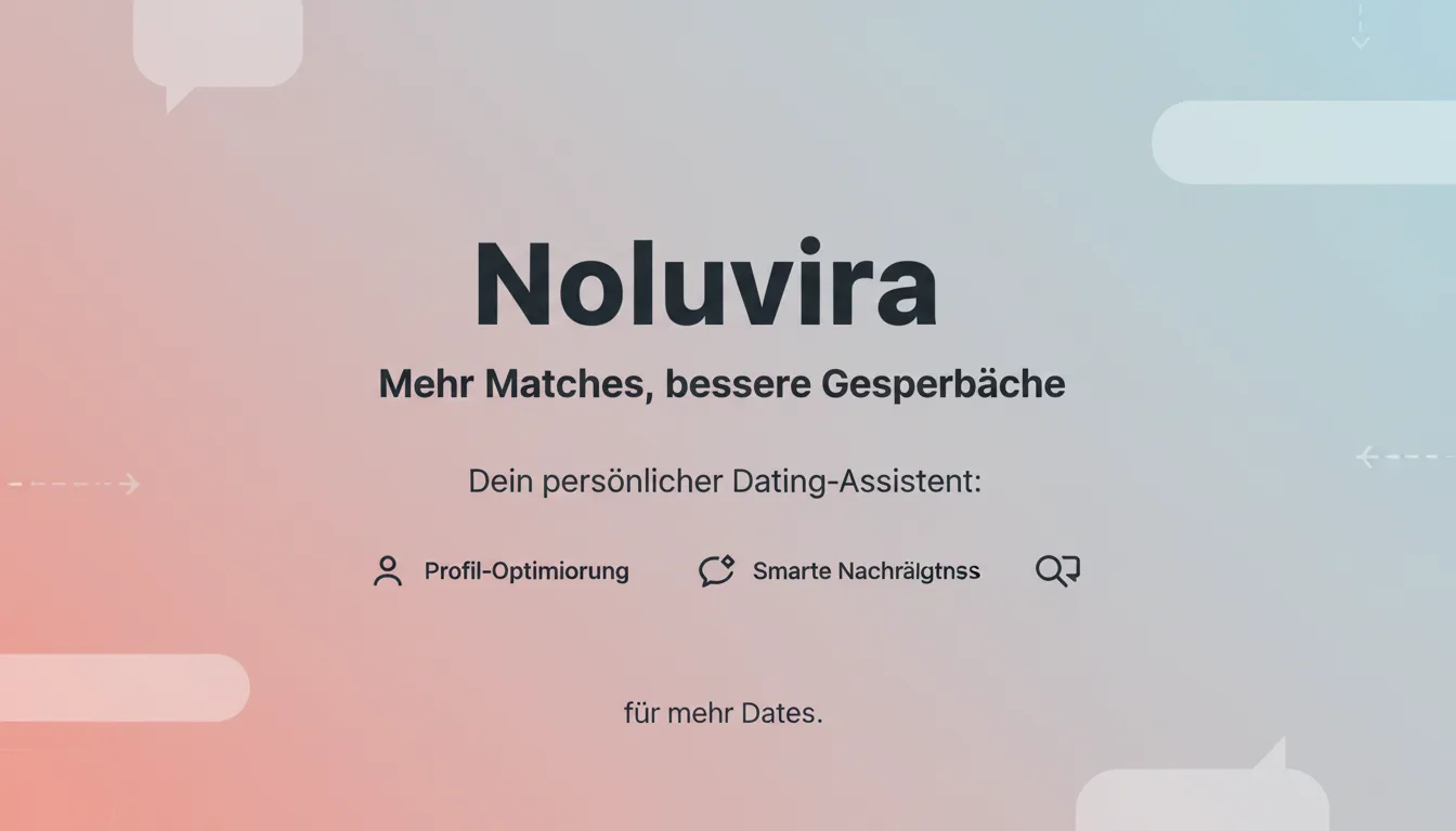Noluvira – Dein AI Dating Coach 2 Noluvira Hero: Gradient-Hintergrund mit Produktname, Tagline und Funktionen für KI Dating Assistent