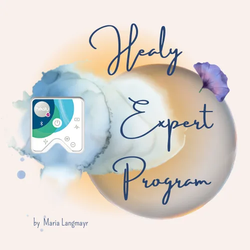 Healy Expert Program Cover mit Healy-Gerät, Aquarell-Design und Schriftzug auf Creme-Hintergrund