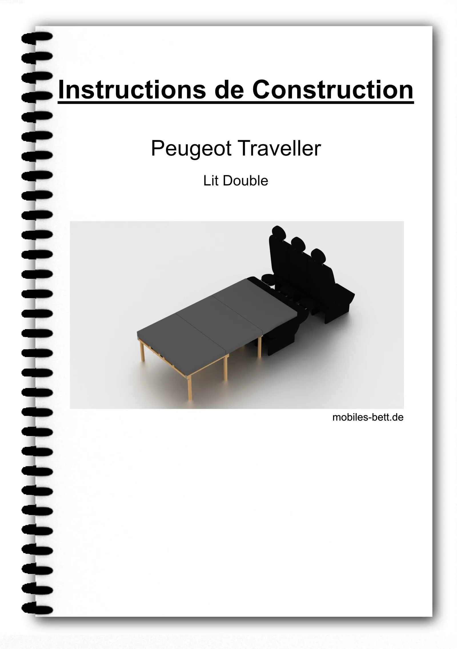 Anleitung Konstruktion Peugeot Traveller Lit Double mit Spiralbindung und 3D-Illustration eines Doppelbetts