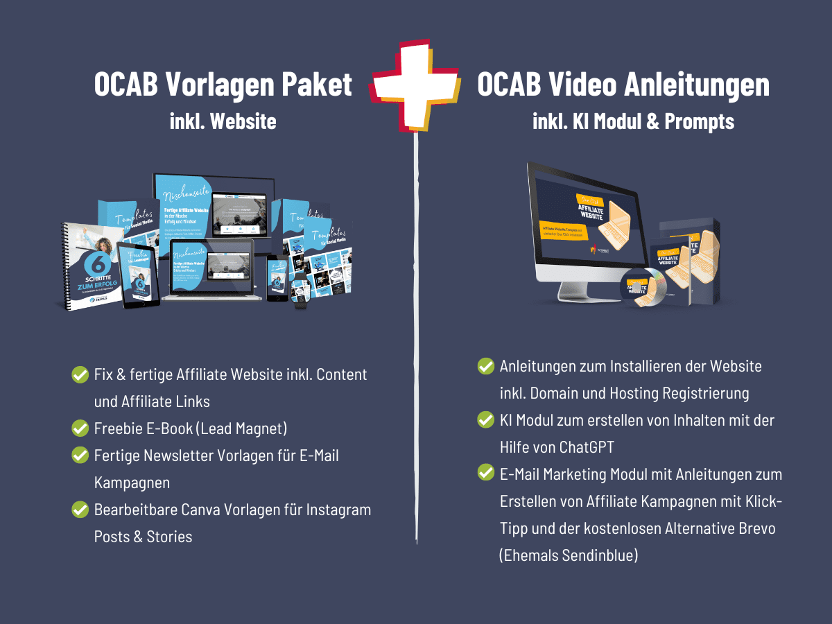 Zwei Produktpakete nebeneinander: OCAB Vorlagen Paket mit Website und OCAB Video Anleitungen mit KI Modul