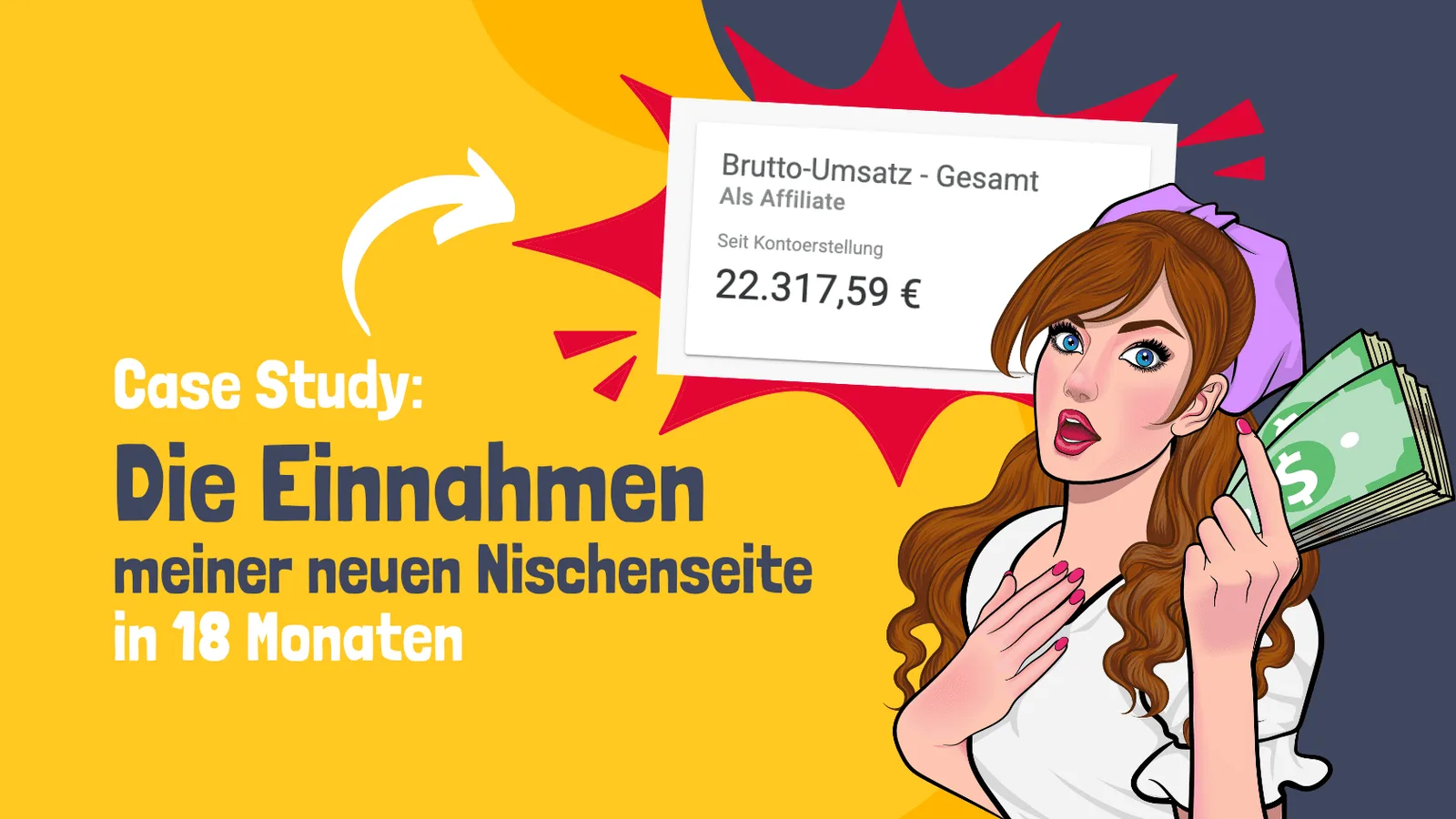 Cartoon-Frau mit Geldschein auf gelbem Hintergrund, Text Case Study über Nischenseite Einnahmen