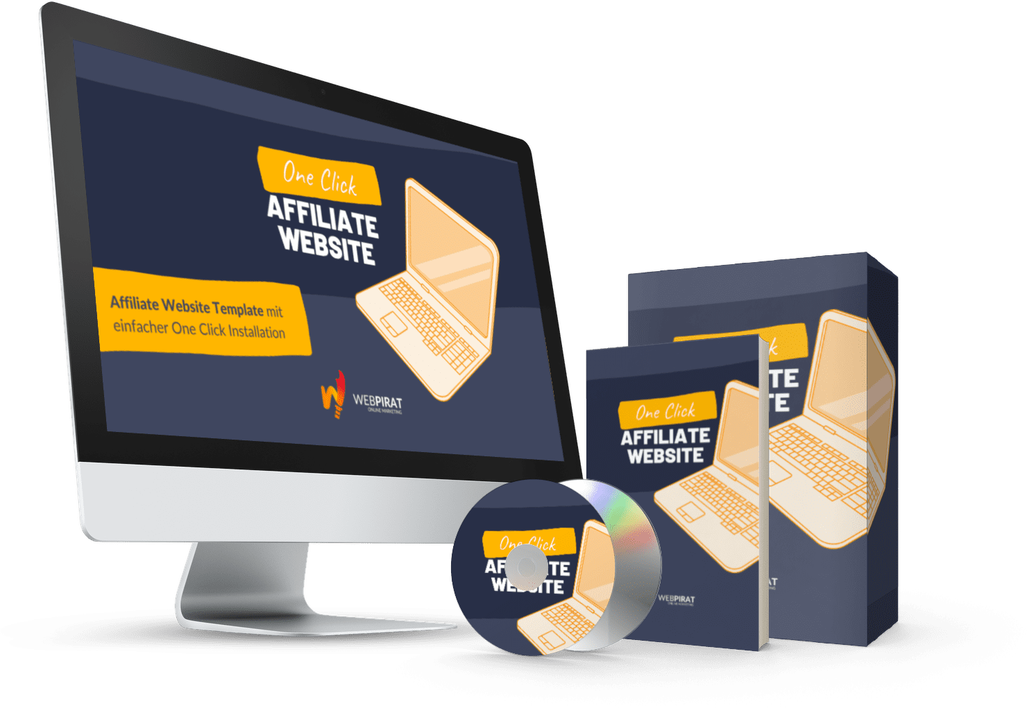 One Click Affiliate Website Bundle mit Computer, DVD und Verpackung von Webpirat