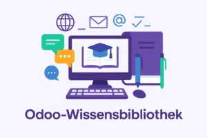 Odoo-Wissensbibliothek Illustration mit Monitor, Buch und Lernmaterialien
