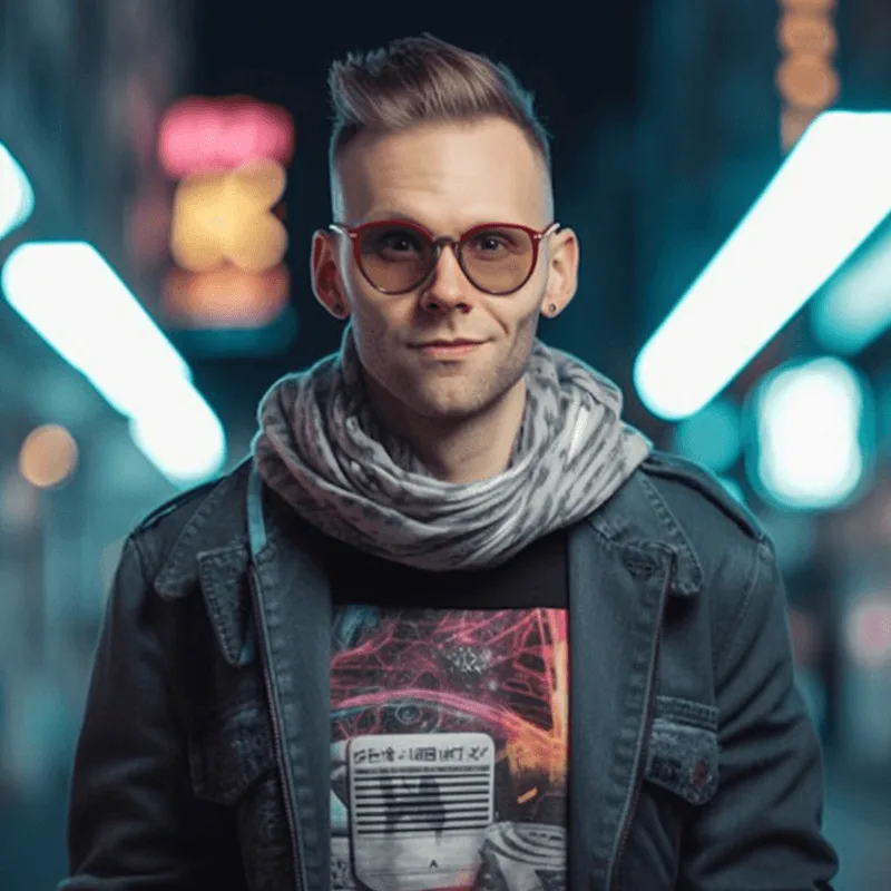 Porträt Eico Schweins mit Brille, Schal und Jeansjacke vor verschwommener Neonlichtern-Kulisse