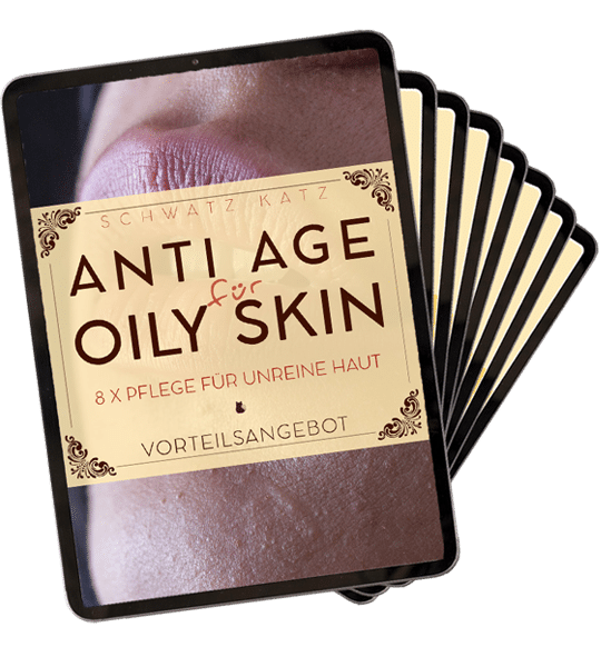 Mockup des »Oily Skin« Anti Age Big Bundles mit gestapelten E-Book-Abbildungen