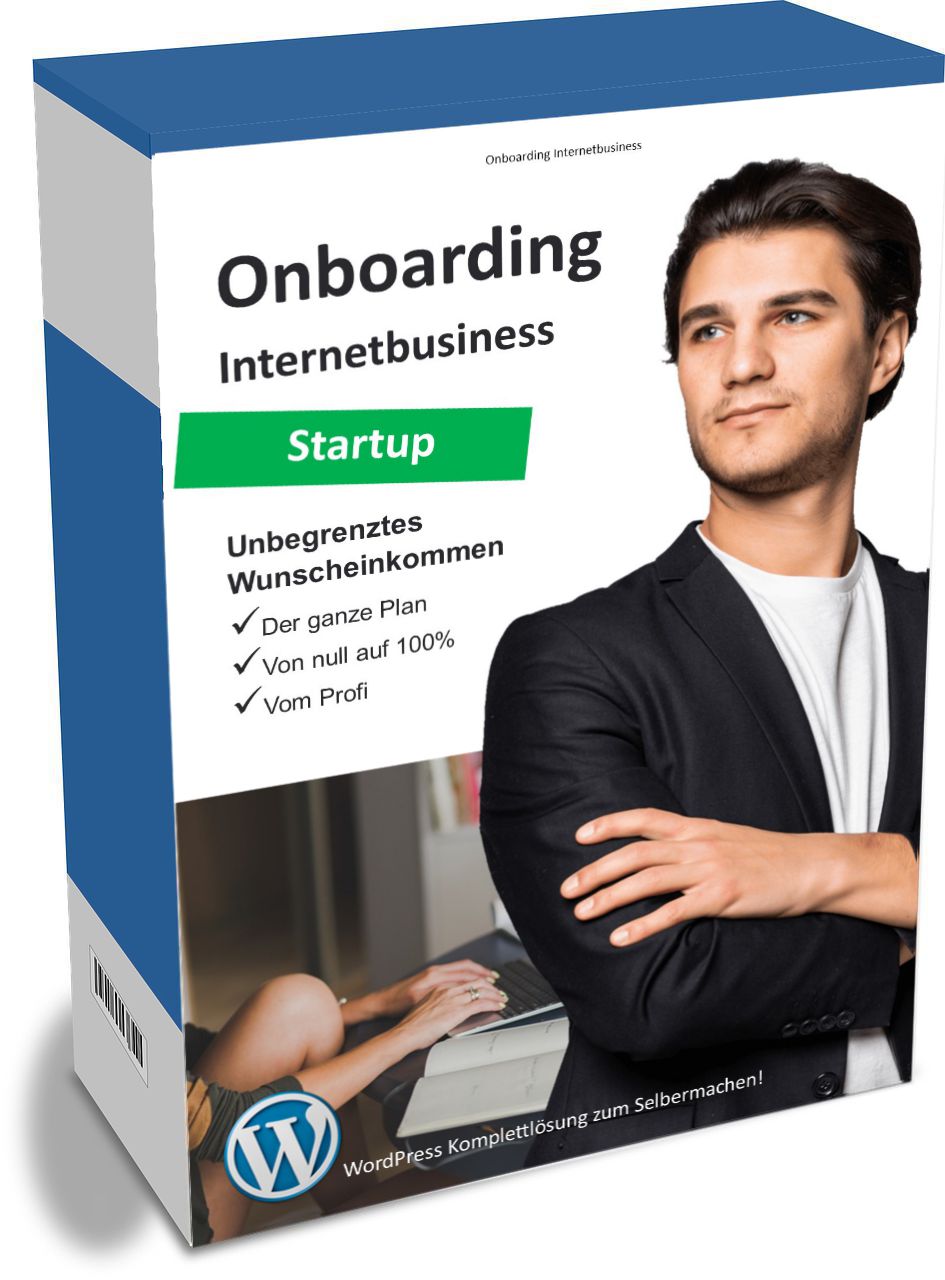 Onboarding Internetbusiness Startup Box mit Mann im Business-Outfit Produktansicht