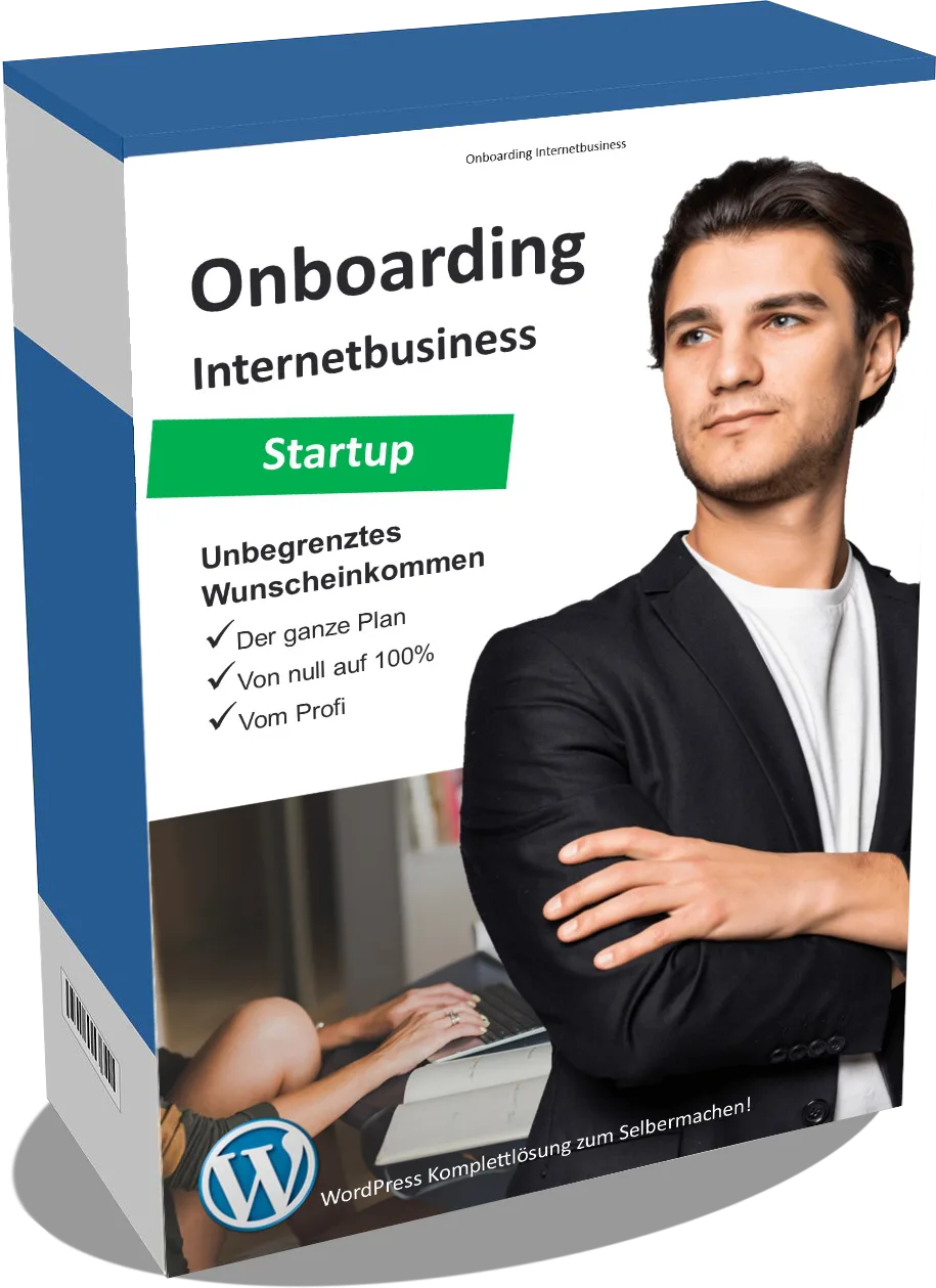 Onboarding Internetbusiness Startup Box mit jungerem Mann im Business-Outfit