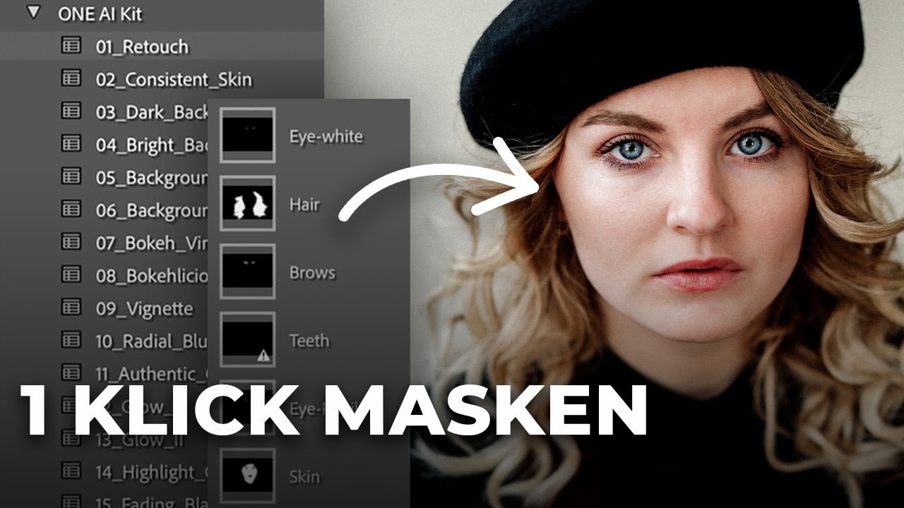 Softwareoberfläche mit Masken-Bedienfeld links und retuschiertem Frauenporträt rechts, Pfeile zeigen auf Hair-Maske