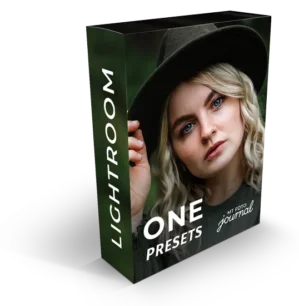 ONE Lightroom Presets Produktbox mit blonder Frau im schwarzen Hut