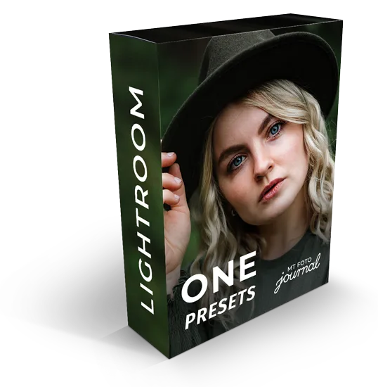 ONE Lightroom Presets Produktbox mit blonder Frau im schwarzen Hut