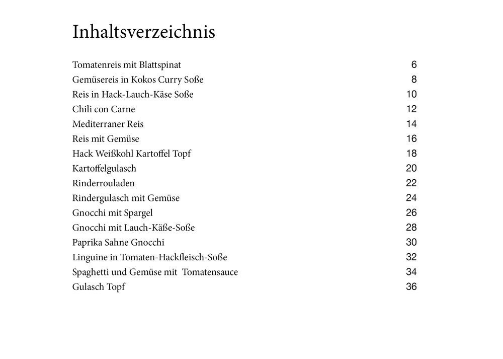 Inhaltsverzeichnis des One-Pot-Kochbuchs mit Rezeptnamen und Seitenzahlen